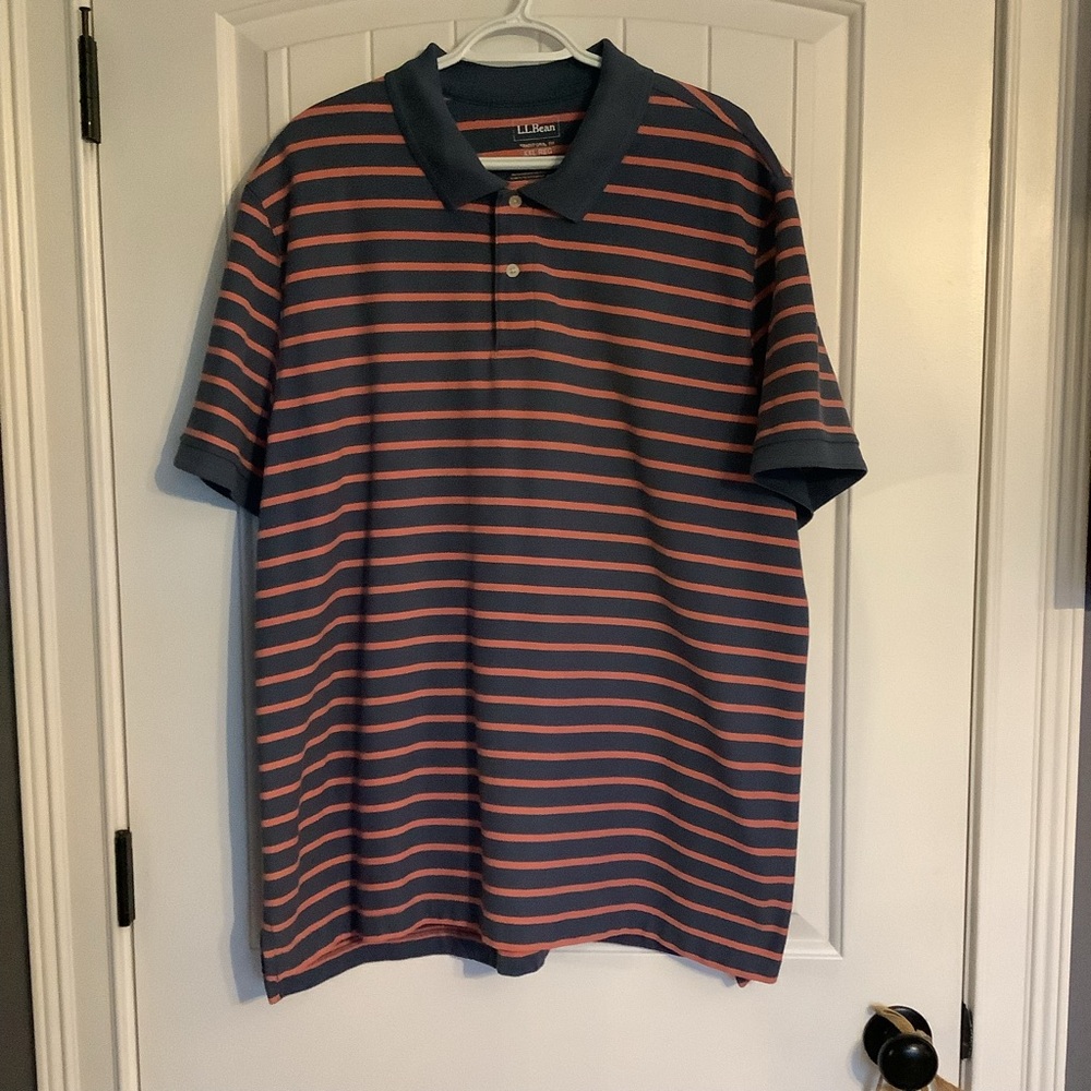 L.L. Bean Navy and Coral Striped Polo Shirt